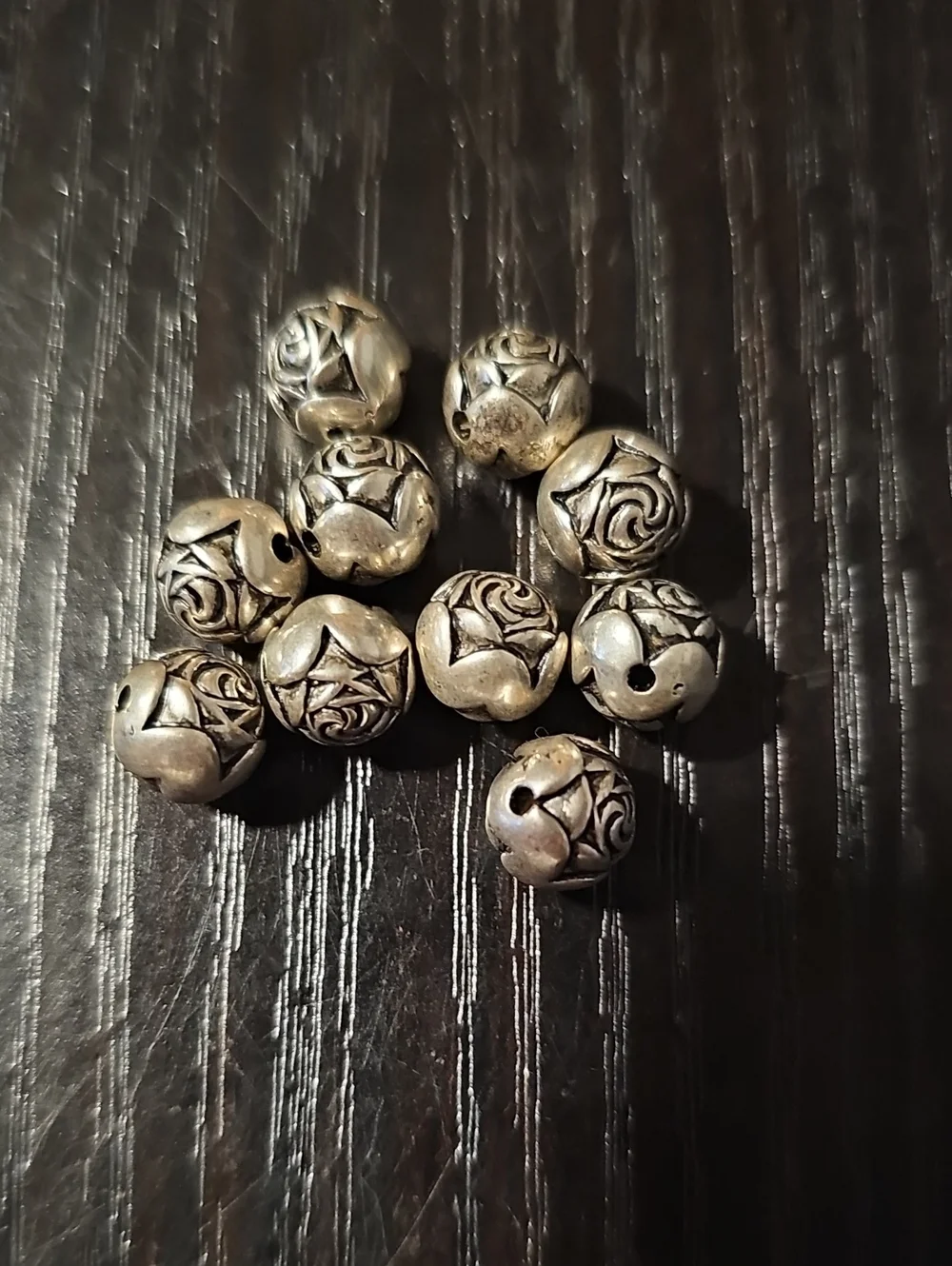 Vintage Silver Tone Embossed Rose Floral Round Metal Beads Lot of 10